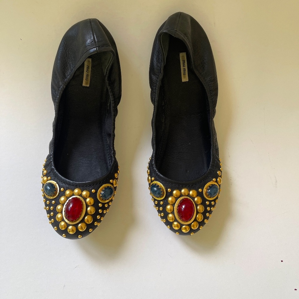 Authentic Miu Miu jeweled black leather ballet flats, size 39.5 (US 9.5)
